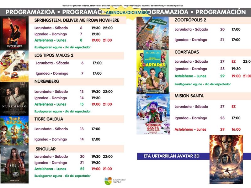 Lazkaok zinema egitarau anitza aurkeztu du abendurako, pantaila handian kontzertu eta opera barne