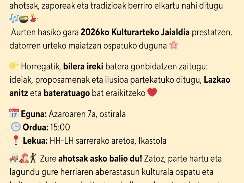 Bilera irekiaren saio berria Kulturarteko Jaialdia 2026 prestatzeko, datorren ostiralean, azaroaren 7an
