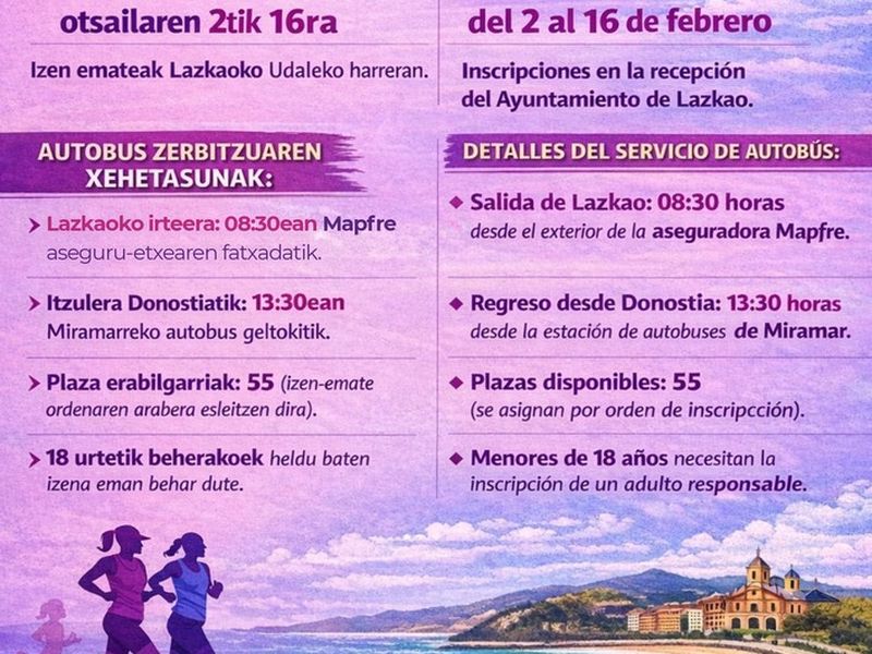 Astelehenean, otsailaren 2an, irekiko da Lazkaoko Udalaren doako autobus zerbitzuan izena emateko epea, Lilatoira joatea errazteko Astelehenean, otsailaren 2an, irekiko da Lazkaoko Udalaren doako autobus zerbitzuan izena emateko epea, Lilatoira joatea errazteko