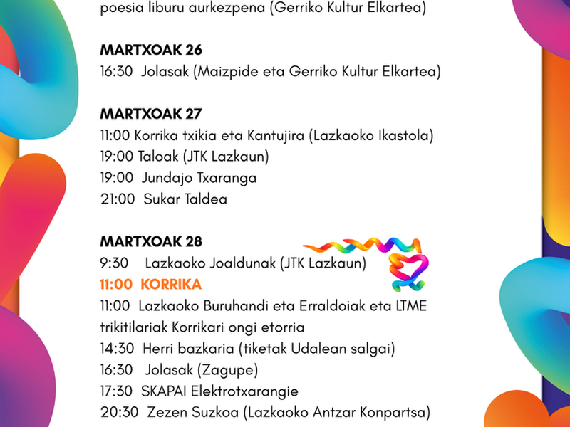 Lazkaok Korrika 2026 hartuko du jarduera egitarau zabal bezain anitzarekin eta herri bazkariaren antolaketarako boluntarioei deia egiten die