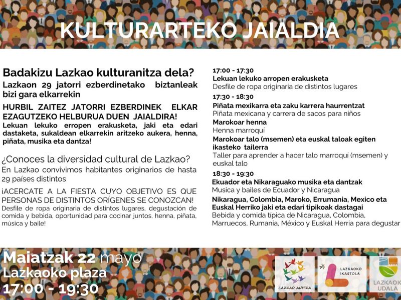 Kulturarteko Jaialdiaren bigarren edizioak desfileak, tailerrak, musika eta gastronomia eskainiko ditu Lazkaon maiatzaren 22an Kulturarteko Jaialdiaren bigarren edizioak desfileak, tailerrak, musika eta gastronomia eskainiko ditu Lazkaon maiatzaren 22an